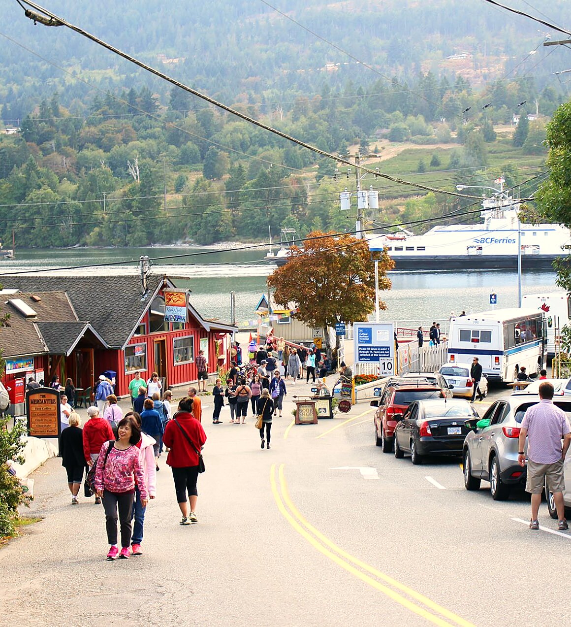 Fulford Ganges Road running down past the Mercantile to the BC Ferries boat at the Fulford terminal